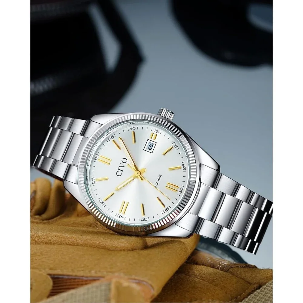 Men's Sliver- Gold Stainless Steel Hook Buckle Analog Comfortable Stylish Watch